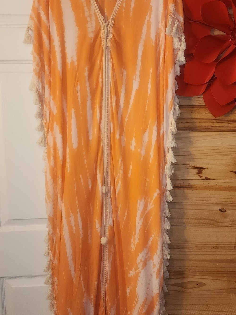 Saks Fifth Avenue Orange and White Tie-Dye Tassel Cover Up